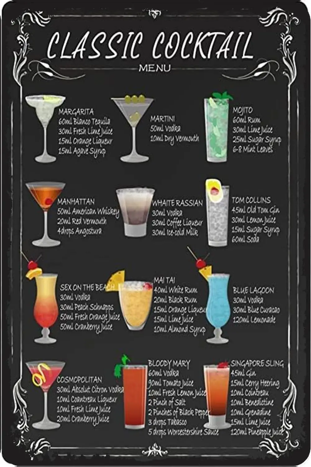 Vintage Classic Cocktail Recipe Guide Retroe Cocktail Menu Aluminum Signss Funny Tin Signs Metal Art Poster Gift Home Cafe Bar W