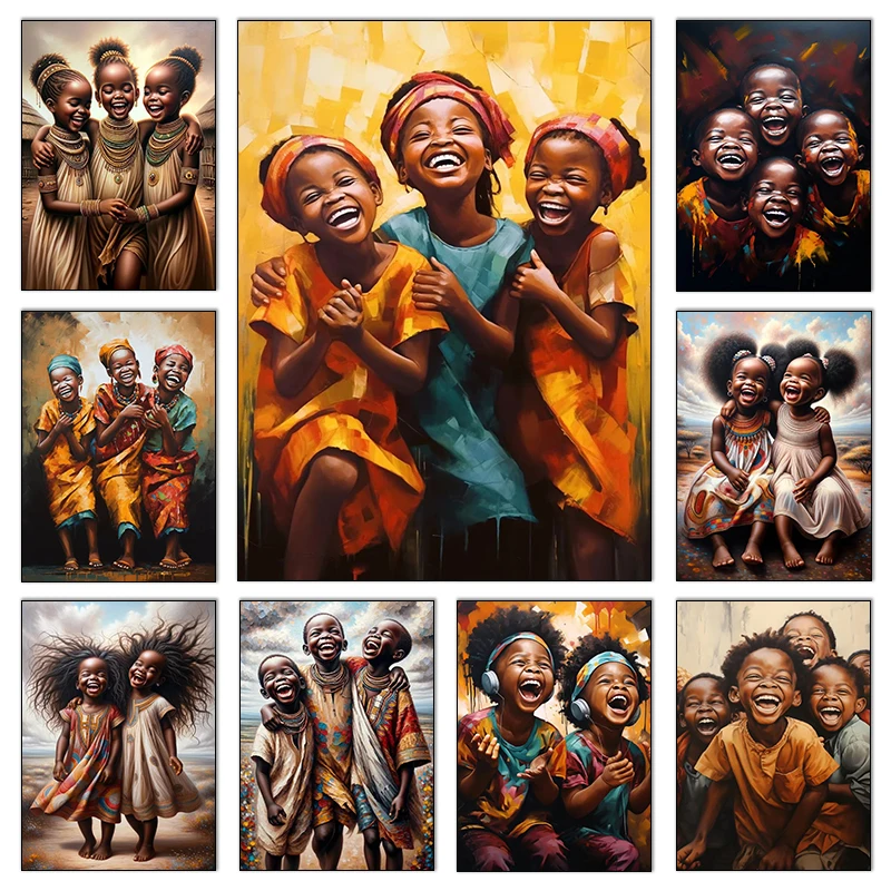 Póster de Niños Africanos Negros Felices y Ruidosos, Pintura en Lienzo de Niños y Niñas Felices, Arte de Pared para Decoración del Hogar y Sala de Estar