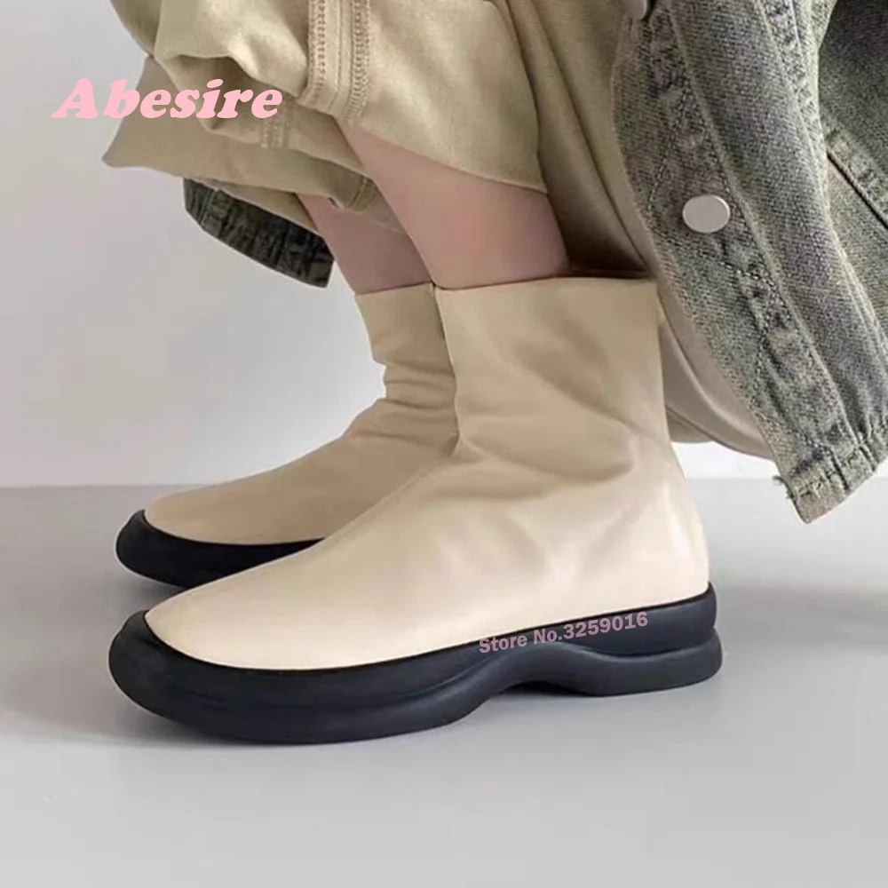 

Round Toe Thick Soled Ankle Boots Height Increasing Side Zipper Solid Leather Casual Mid Heel Women's Boots Patchwork Runway