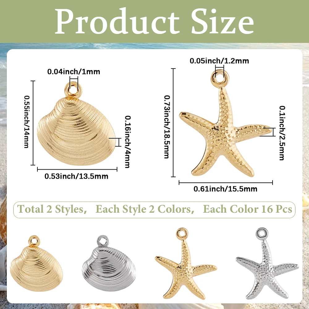 1 Box 64Pcs 2 Styles Gold and Silver Ocean Charms Metal Beach Charms Bulk Boho Summer Starfish Shell Marine Sea Life Pendants