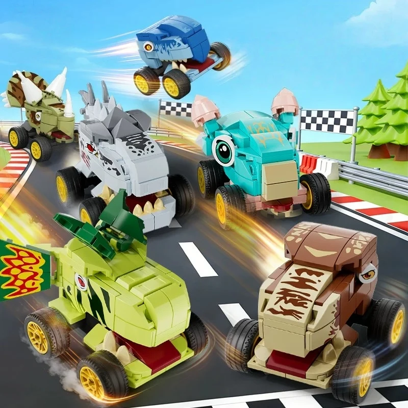 

Dinosaur Car Building Blocks Tyrannos Triceratops Assembled Model Ornaments Cartoon Animal Collection Toys Birthday Gift