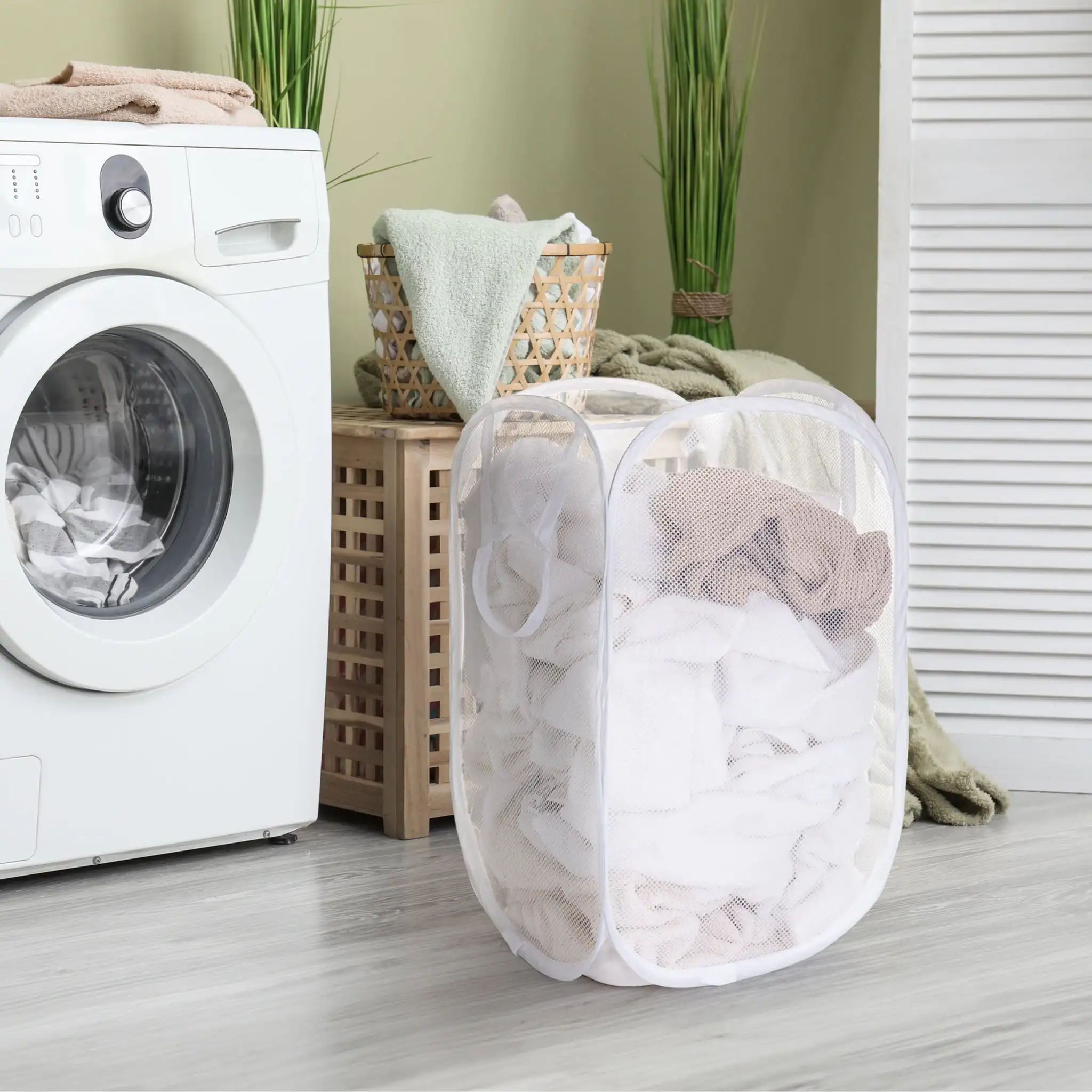 (5 pacotes) Cesto pop-up de malha, dobrável, comporta 2 cargas, branco