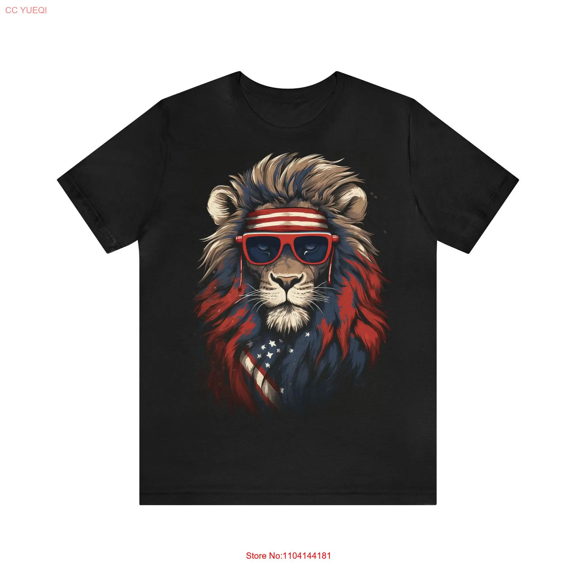 AI inspired t shirt with a Lion looking forward styled in amciran flag fashion and Art long or short sleeves