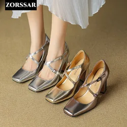 Gold Silver Mary Jane Women's Shoes Fashion Retro Buckle Shallow Pumps Square Toe Thick Heel Handmade Shoes Woman Size 33-41