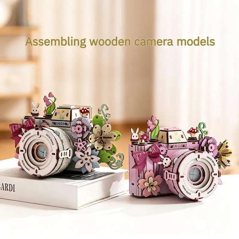 DIY Wooden Camera 3D Puzzle Model Flower Decor Assemble Craft Kit Ins Style Desktop Ornament Toy Holiday Birthday Gift for Teens