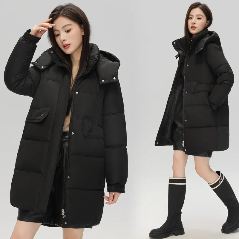 Abbigliamento invernale da donna Parka di media lunghezza Calda piumino spesso Giacca in cotone Manica lunga Cappotto freddo Tasca Capispalla antivento