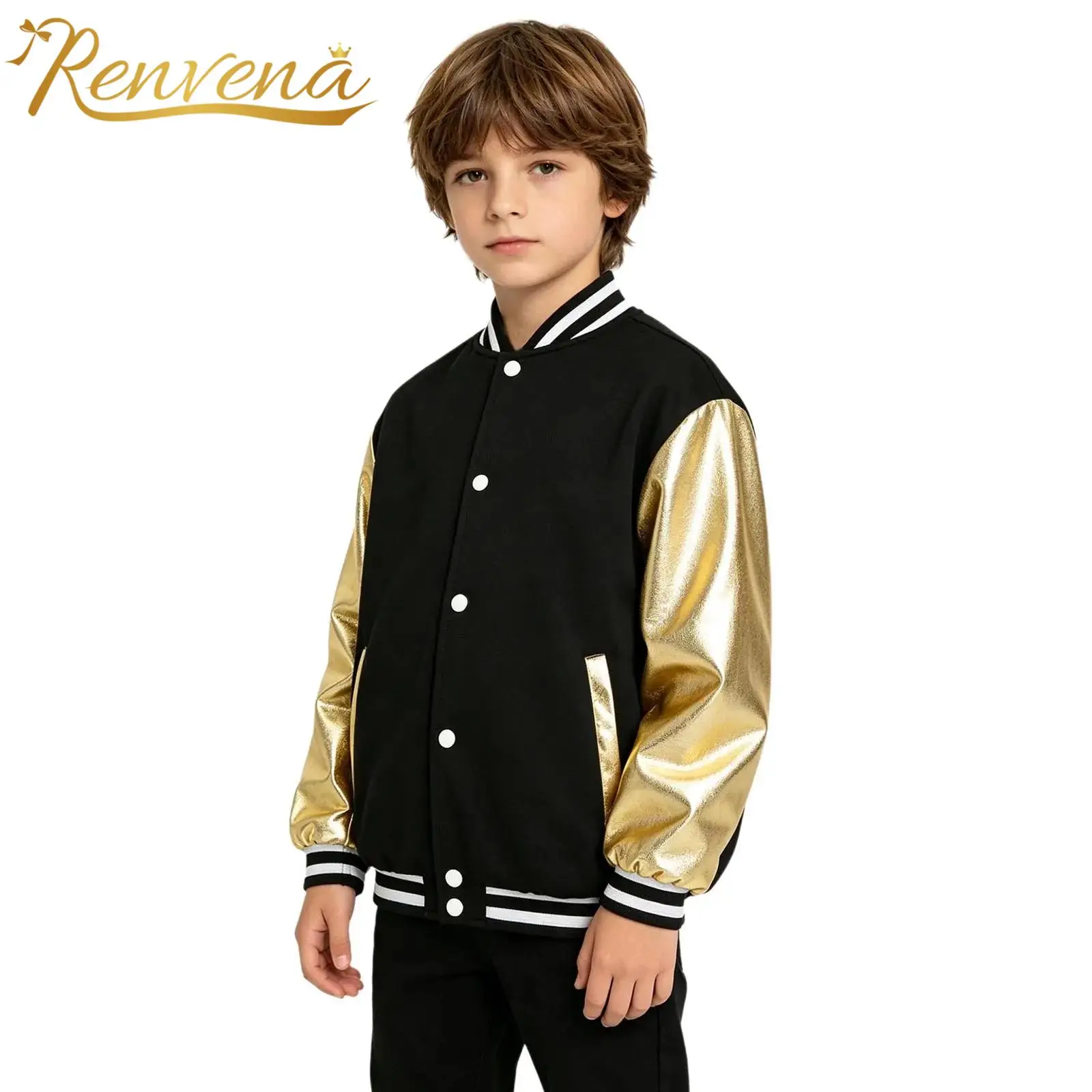 Bomber Jacket for Boys Girls Sports Coats Kids Baseball Jackets Metallic Shiny Eagle Printed Outerwear for Varsity Students