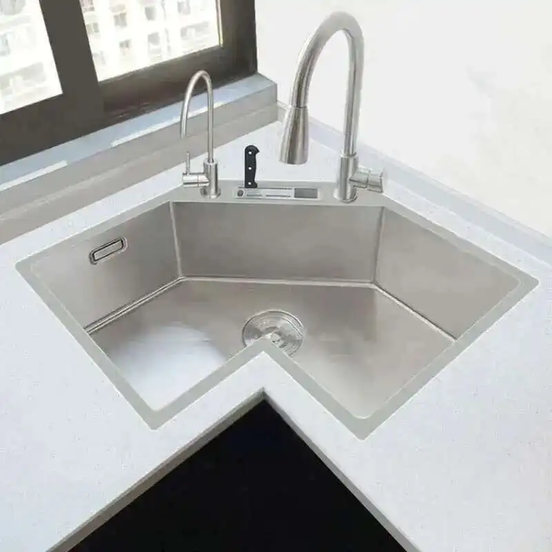 

Современная маленькая квартира L-образная специальная мойка из нержавеющей стали, угловые кухонные мойки, большая одинарная раковина, кухонные аксессуары