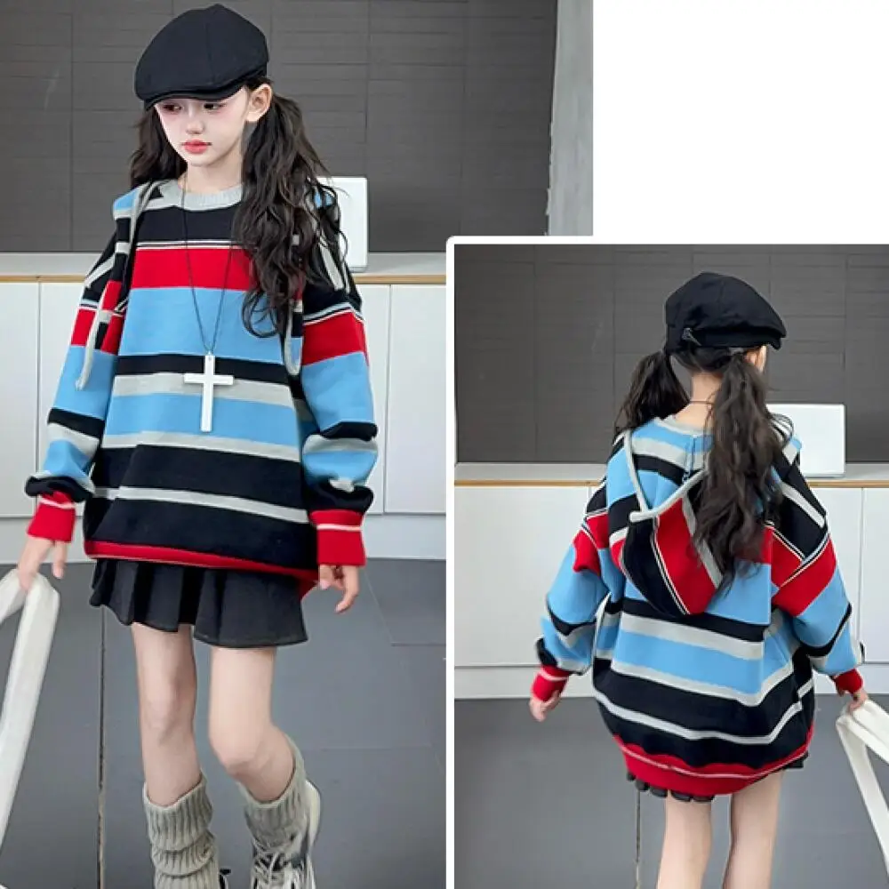 

Kawaii Girl Fashion Hooded Pullover Sweater Student Spring Autumn Cartoon Casual Long Sleeves Knitwear Tops Children's Clothing