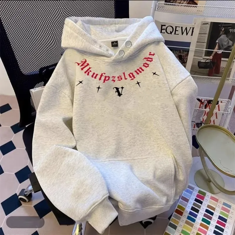 

Large Size 300 Pou American High Street Letter Print Button Sweatirt ex Early Spring New Heavyweight Hooded Jaet