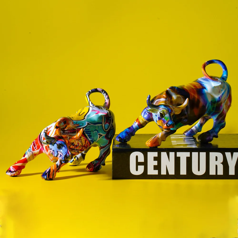 European Colorful Bull Statue Handcrafted Resin Decor Water Transfer Printing Creative Graffiti Art for Living Room Entryway