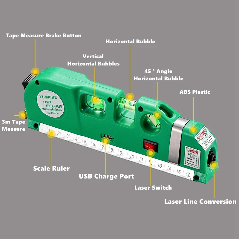 High Precision Laser Level with Built-in Tape Measure, Multifunction Infrared Optical Tool for Construction & Measurement