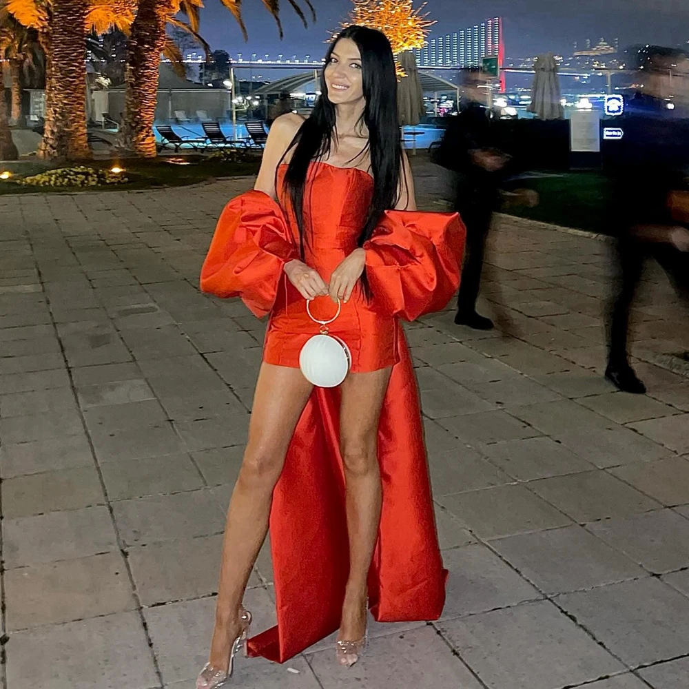 فستان سهرة من الساتان بأكمام منتفخة بدون أكتاف مع ذيل طويل فريد من نوعه من قماش التفتا للحفلات الراقصة الليلية