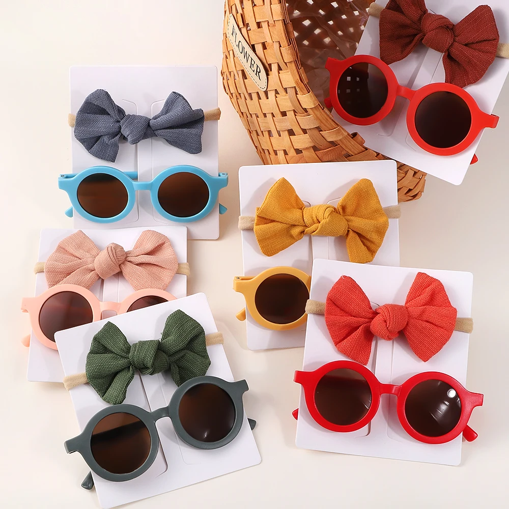 2Pcs/Pack Vintage Kids Summer Bows Headband Round Sunglasses Children Sun Glasses Protection Glasses Baby Hair Accessories