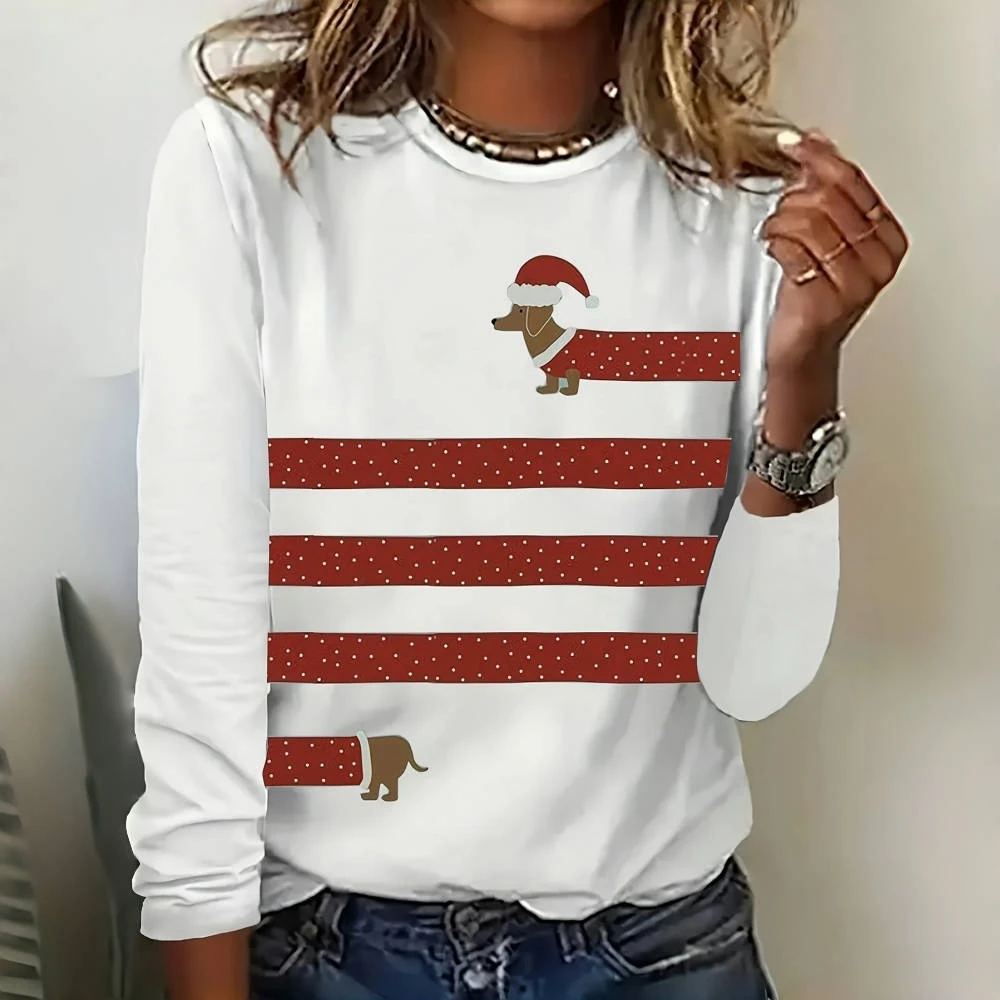 2024 New Women's Simple Striped T-Shirt Funny Christmas Dachshund Printed Long Sleeve T-Shirt Designer Clothing