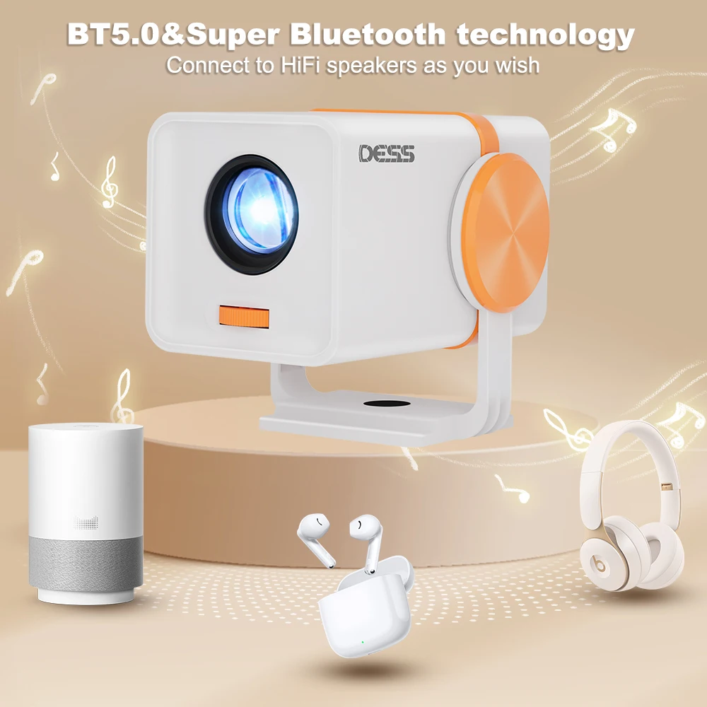 DESS 4K-Projektor Android 13 TV OS 1280 * 720P Wifi6 BT5.0 4K-Dekodierung Kino Outdoor drehbar 180 ° Tragbarer Videofilmprojektor