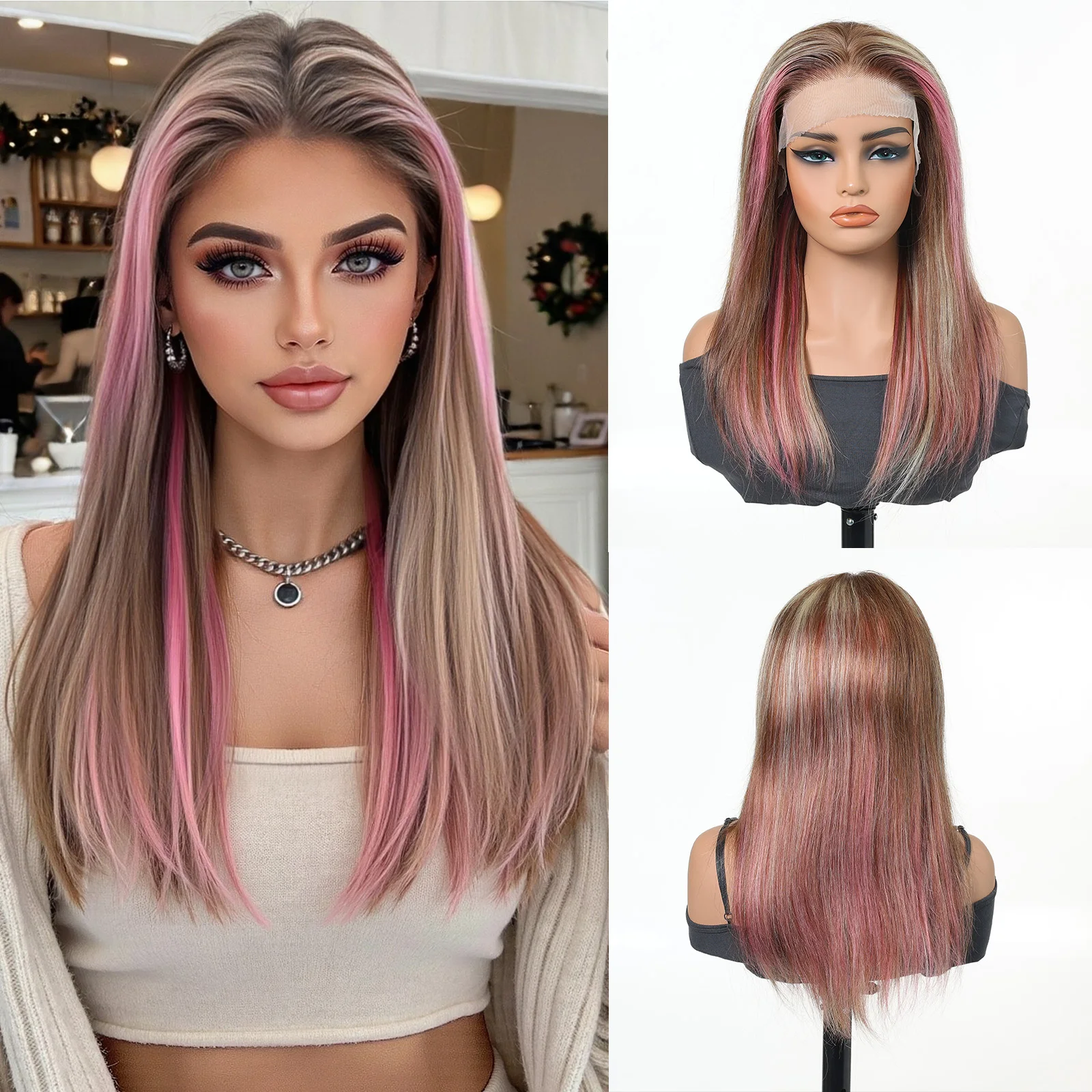 13x4 Lace Front Wig Straight Pink Highlights Blended Human Hair Synthetic Mix Pre Plucked Natural Hairline