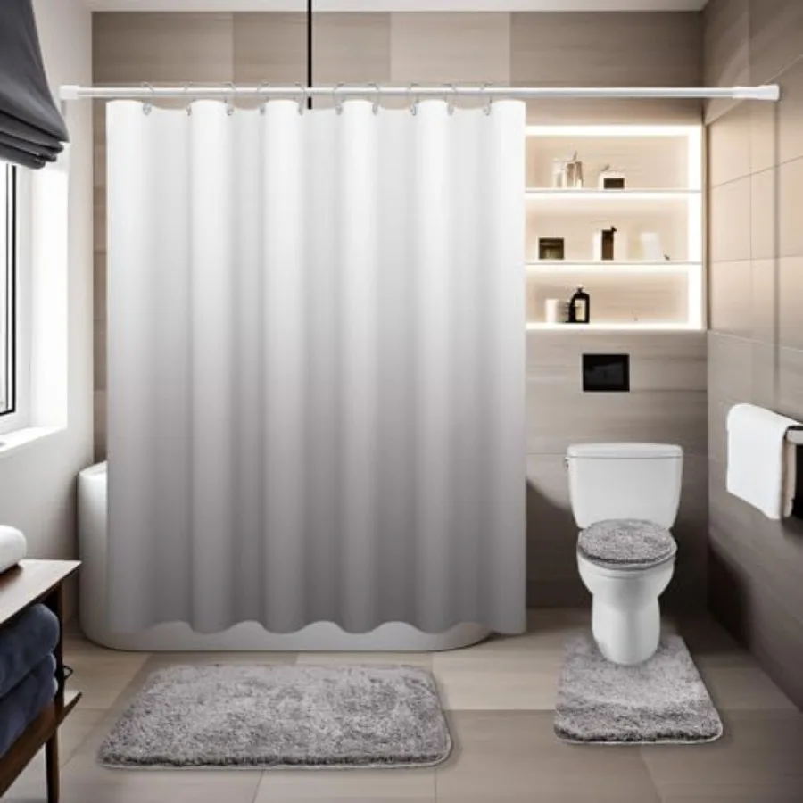 

4 Pcs Gray Shower Curtain Sets with Rugs Solid Bathroom Sets with Shower Curtain and Rugs and Adjustable Toilet Lid Cover for L