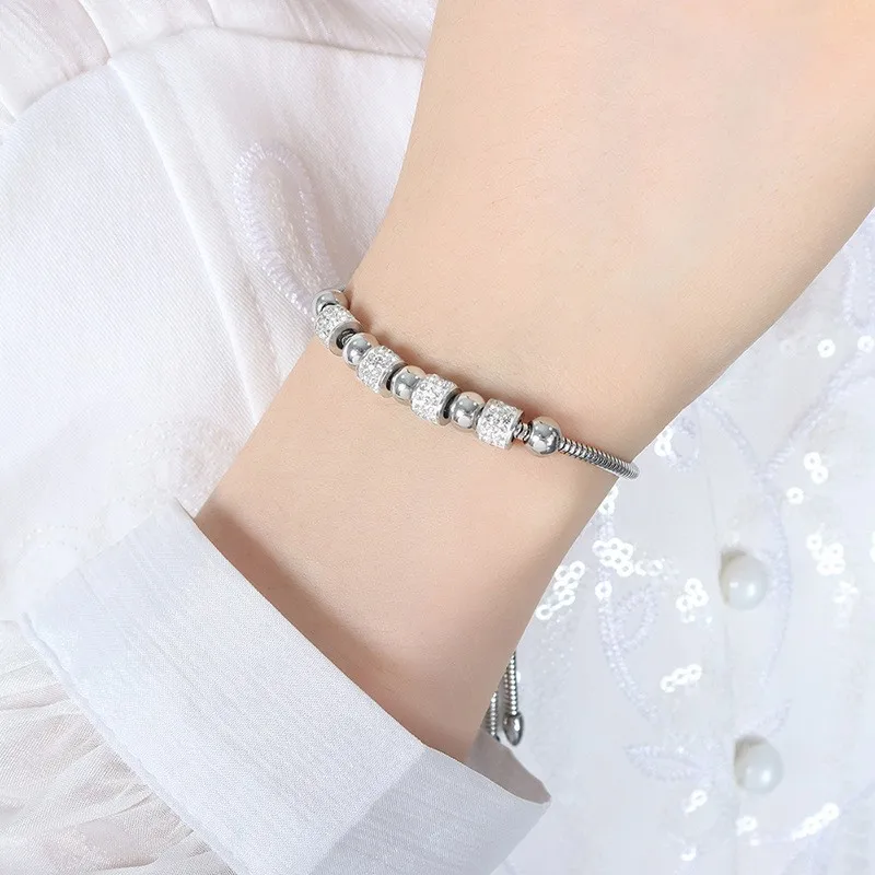 

10 Pieces Stainless Steel Diamond Set Round Beads Versatile Fashion Bracelet Pulling Mouth Adjustable Size Jewelry