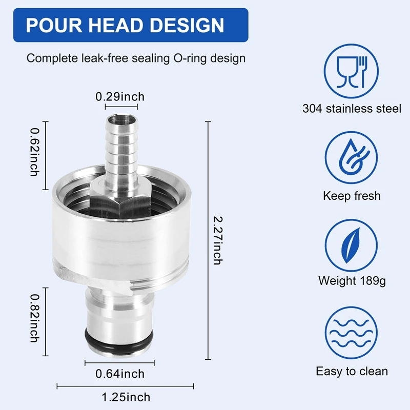 2Pcs/Lot 304 Stainless Steel Carbonation Cap 5/16 Inch Barb, Ball Lock Type, Fit Soft Drink PET Bottles, Homebrew Kegging