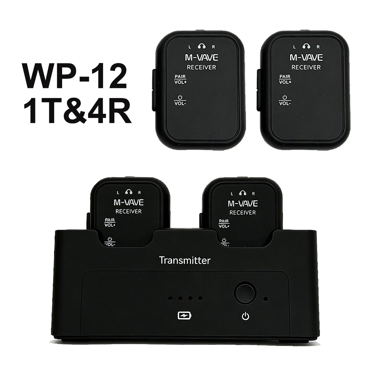 

M-VAVE WP-12 1T4R Wireless Ear Monitor – 2.4GHz Digital Transmission, 24-Hour TX Battery, 1800mAh Charging Case, Low Latency 3ms