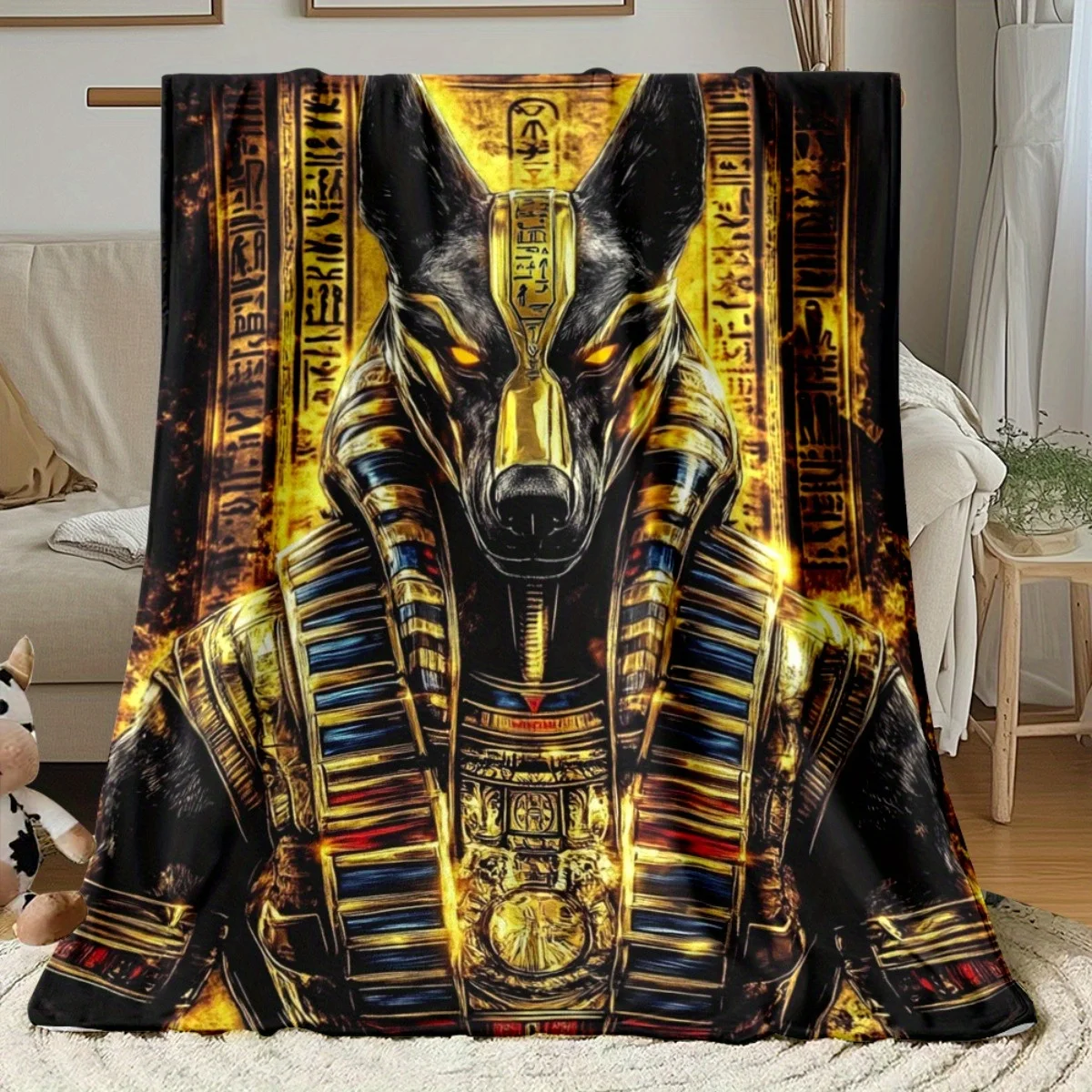 Anubis Fleece Blanket Egyptian God Print Throw Soft Warm All Season Bedding Home Decor Gift for Mythology Lovers