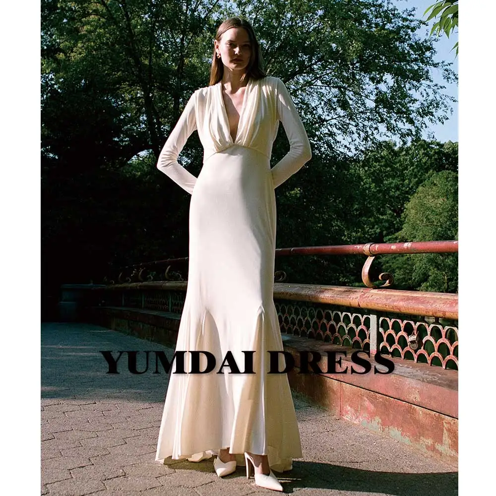 YUMDAI Beige V-neck Bridal Evening Dress Soft Chiffon Beach Gown Engagement Ground Dress Ladies Special Holiday White Gown