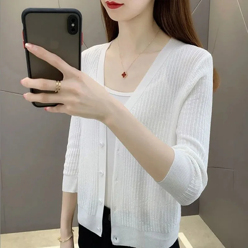 Women Clothing Fashion Solid Single Breasted Long Sleeve Cardigan Summer Casual Loose Thin V-neck Sunscreen Shirt Top 40-90Kg