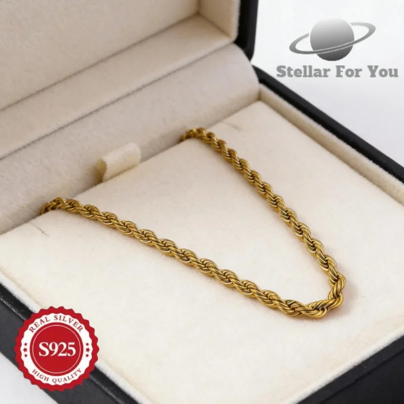 24k Gold Plated 925 Sterling Silver Twisted Necklace | Unisex, Minimalist Wide Short Collarbone Chain, Fashionable and Cool, Hypoallergenic Jewelry, Simple and Elegant, Suitable for All Seasons and Daily Wear
