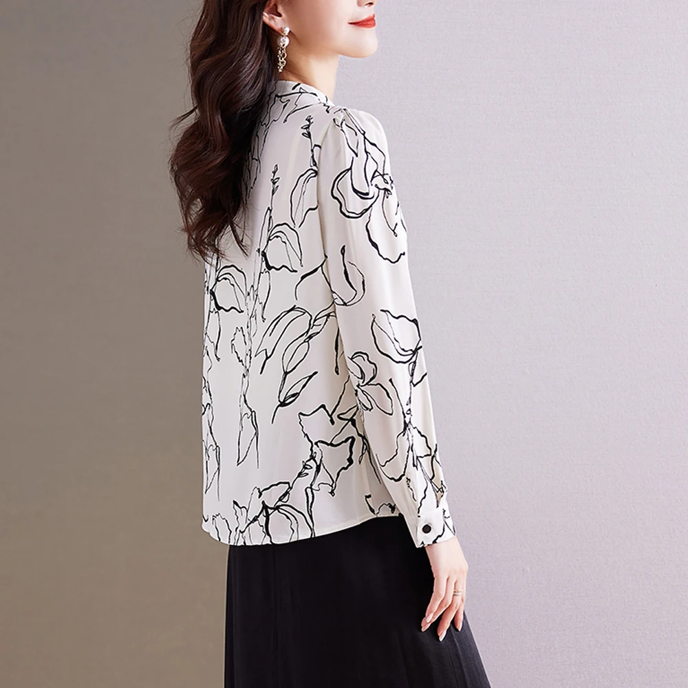 2024 New Women Clothing Loose Chic Printed Elegant Simple Blouse Office Lady V-Neck Fashion Chiffon Shirt Casual Tops Femme