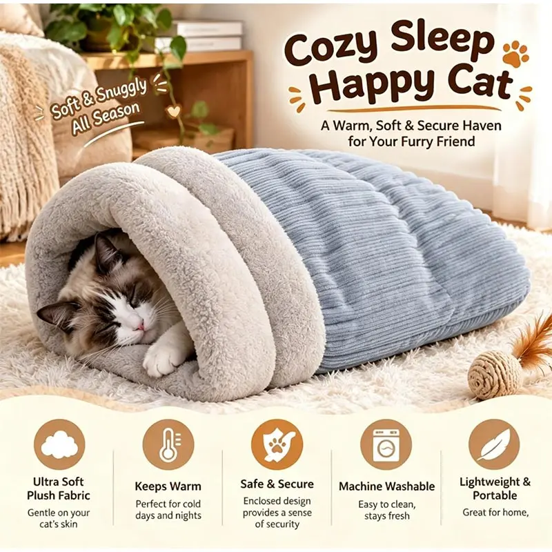 Katzenschlafsack, warm, flauschig, geschlossener Tunnel, Katzenbett für Hauskatzen, Katzenhöhlenbett, gemütliches, selbstwärmendes Haustierbett für Kätzchen – Detail 2