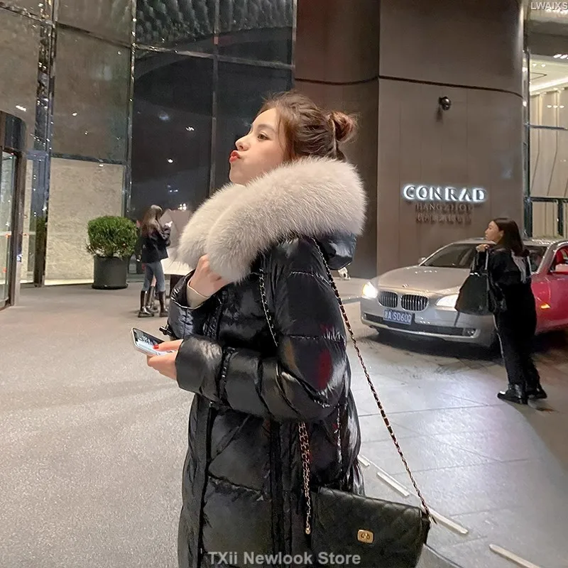 Women Jacket Winter 2023 Down Coats Long Puffer Jacket Big Fur Down Padding Fashion Slim Warm Black Outerwear Female Clothing