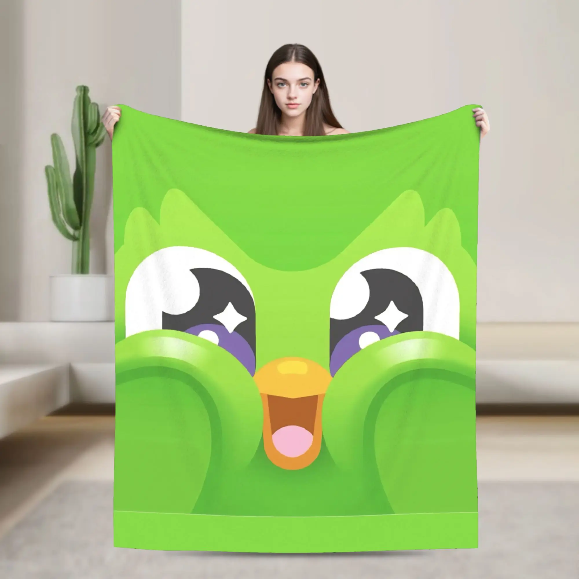 

Duolingos Velvet Throw Blanket Cartoon Green Owl Blanket for Bedding Travel Ultra-Soft Bedding Throws,