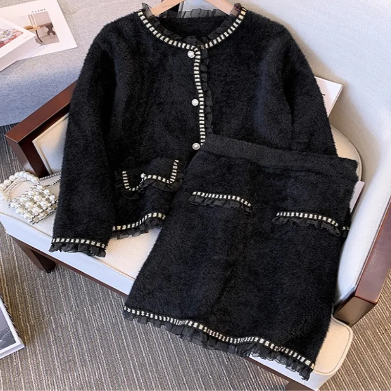 

2022 Winter Fake Fur Suit Pearl buttons Jacket Coat Top And A Line Skirt Two Piece Sets For Women Elegant Work Vintage Clothing