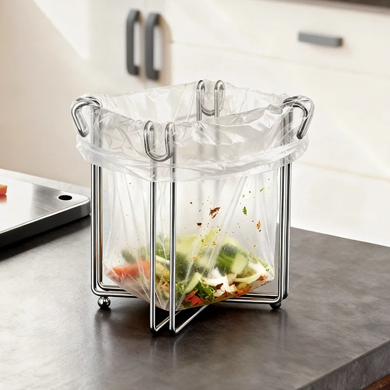 Foldable Garbage Bag Holder Metal Wire Trash Bag Stand Desktop Rubbish Bag Support Frame for Kitchen Countertop Waste Storage