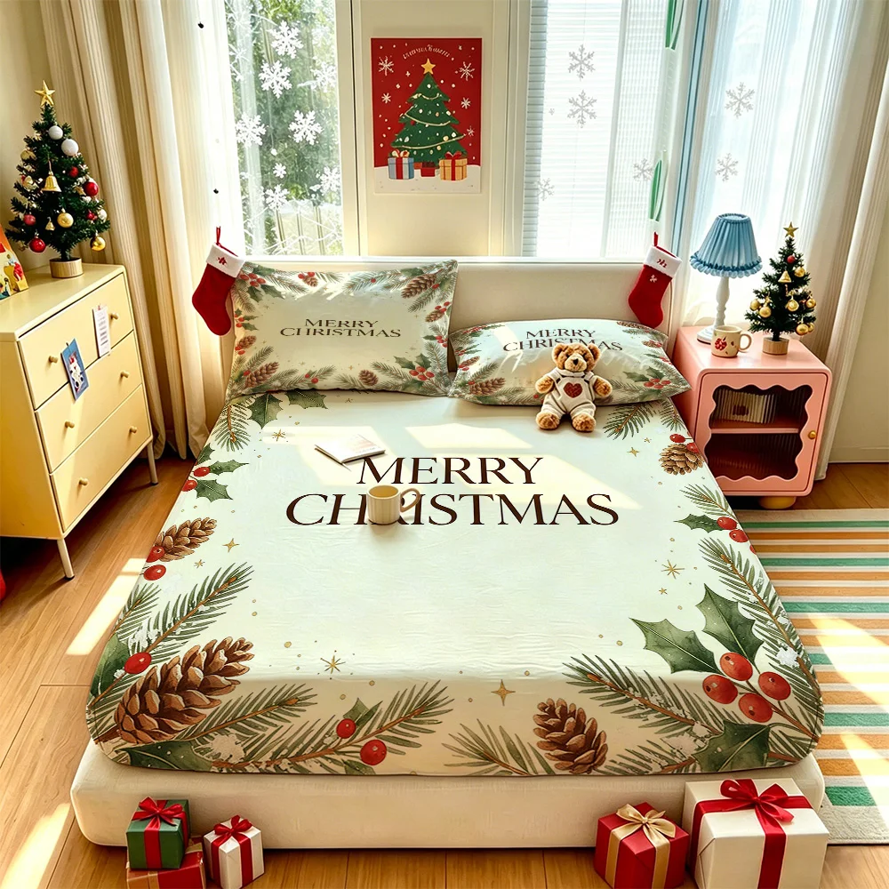 3PCS Pine Cone Holly Berry Merry Christmas Bedding Set 1 Bedspread 2 Pillowcases No Insert Soft Machine Washable Xmas Bedroom