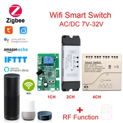 Zigbee 3.0 1ch 2ch Wifi Relay Module DC 12V 24V 7V-32V RF Smart Switch Work with Tuya Smart Life APP Self-locking Inching Mode