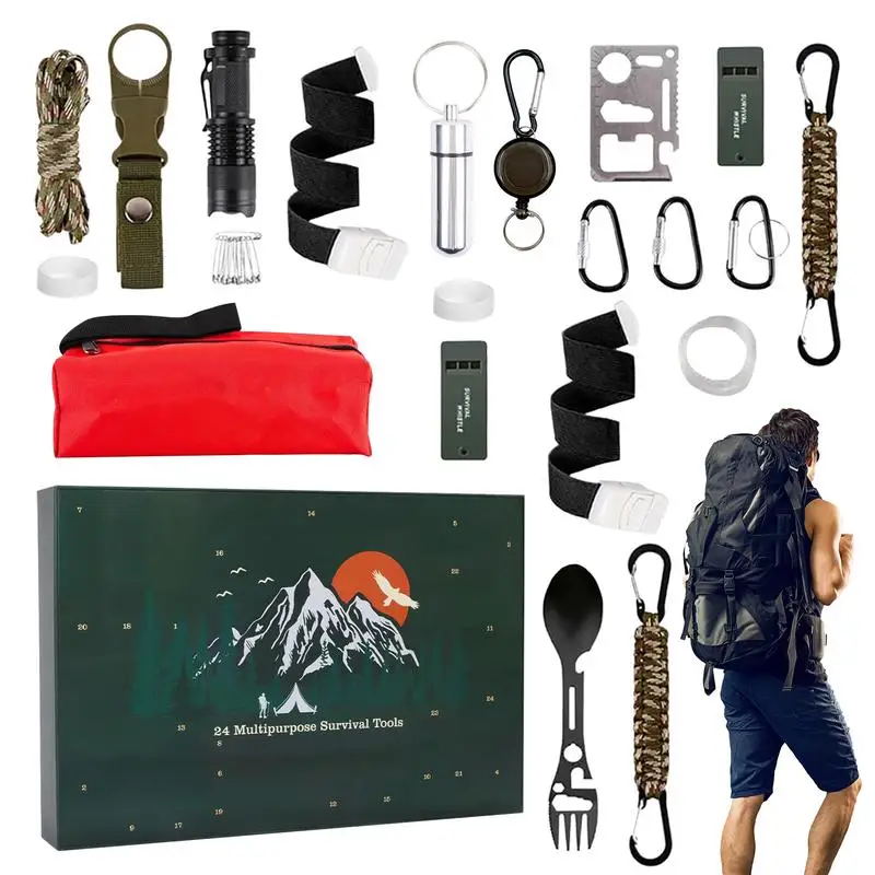 Advent Calendar Box 2024 Survival Kit Men Adults Christmas Gifts for Climbers Anglers Outdoor Pratical Survival Tools Gift Box