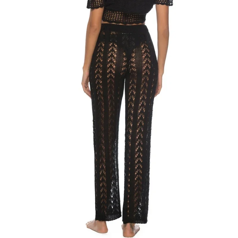 Sexy Knitted Beach Wear Women Pants Hollow Out See Through High Waist Drawstring Straight Pants Beach Style Bikini Cover Up 2025