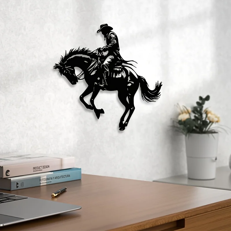 1pc Bronc Rider Metal Wall Art, Western Cowboy Iron Wall Sculpture, Powder‑Coated Rust‑Proof Farmhouse Wall Decor