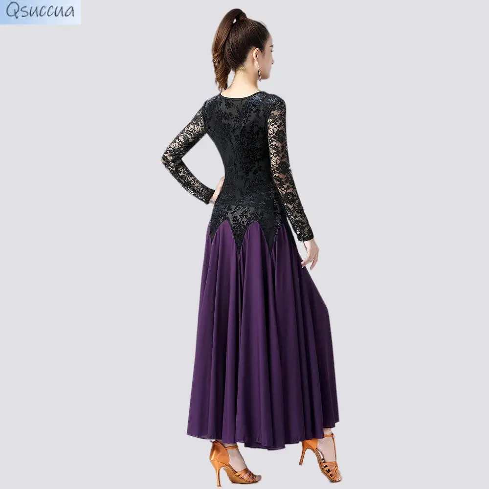 New Style Modern Dance Skirt Ballroom Dance Practice Long Skirt Long-Sleeved Lace Dress Square Dance Performance Costume