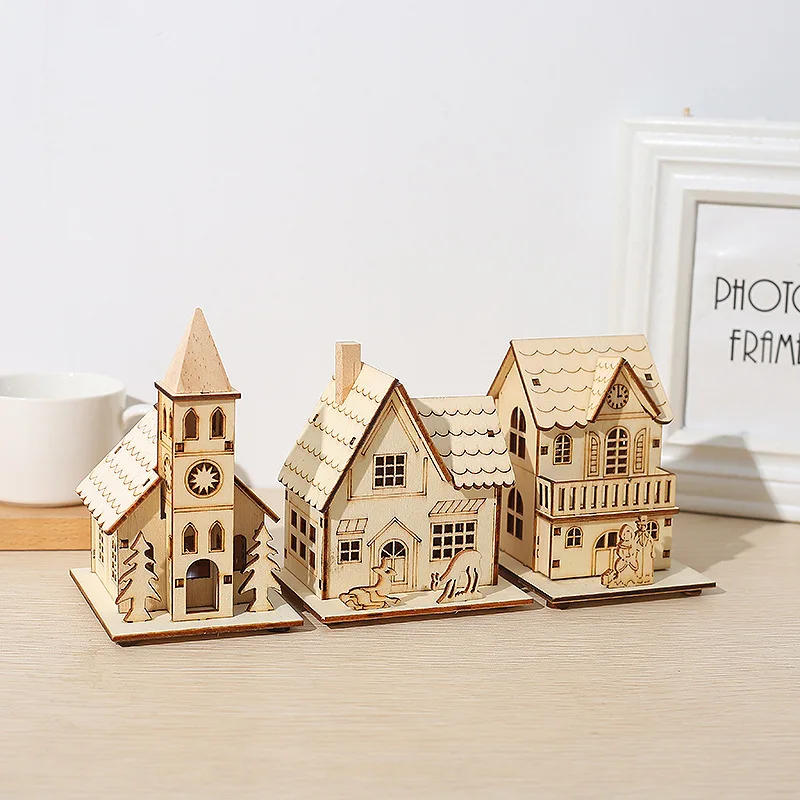 

Christmas Wood Village LED Luminous House Xmas Style Ornaments Village Chistmas Scene Festival Wood Craft House Decors