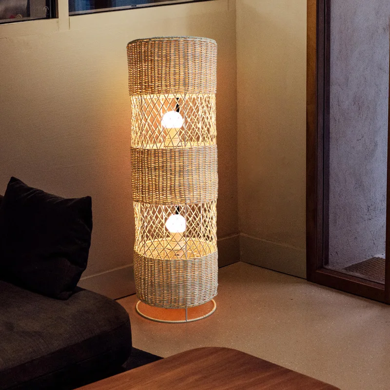 

Retro Rattan Floor Lamp Modern Chinese Bamboo Handicrafts Night Light for Living Room Sofa Bedroom Bedside Led Standing Lights