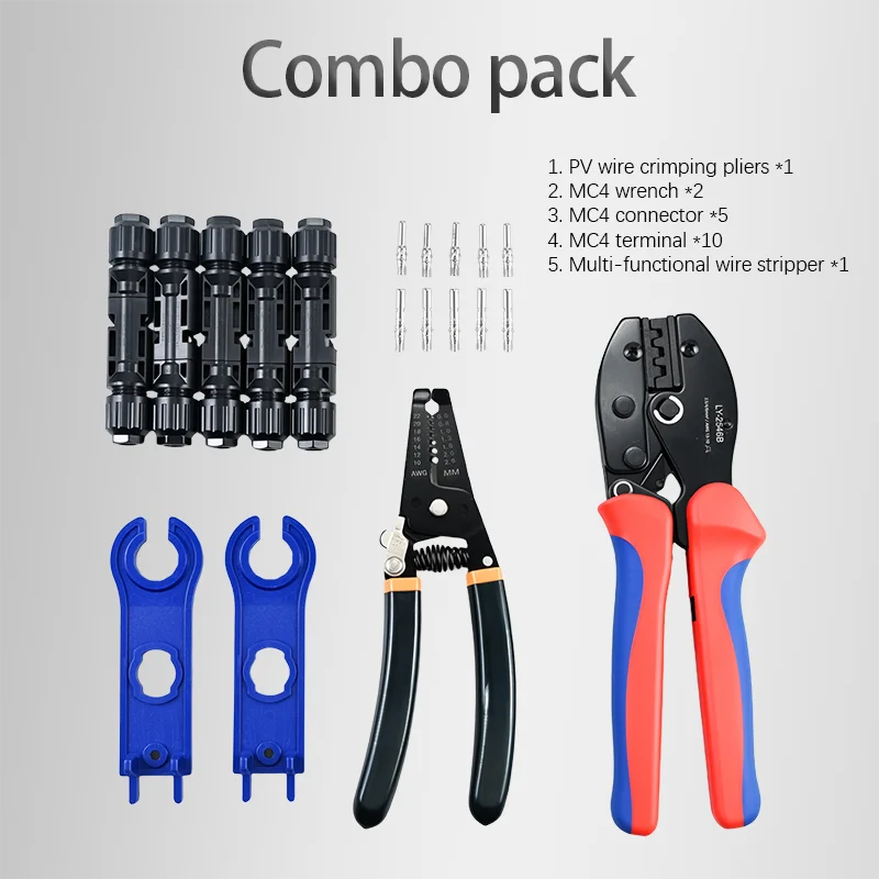 Kit de Ferramentas de Crimpagem Solar LY-2546B MC4, Alicate de Crimpagem para Conectores Solares Fotovoltaicos + Desencapador de Fios + Chave MC4 + Conjunto de Terminais de Conectores MC4