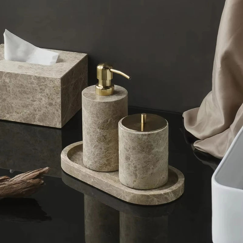 Vintage Luxury Natural Marble Bathroom Set, High-End Toiletries Organizer for Vanity Sink Countertop, Hotel Style Bathroom Decor