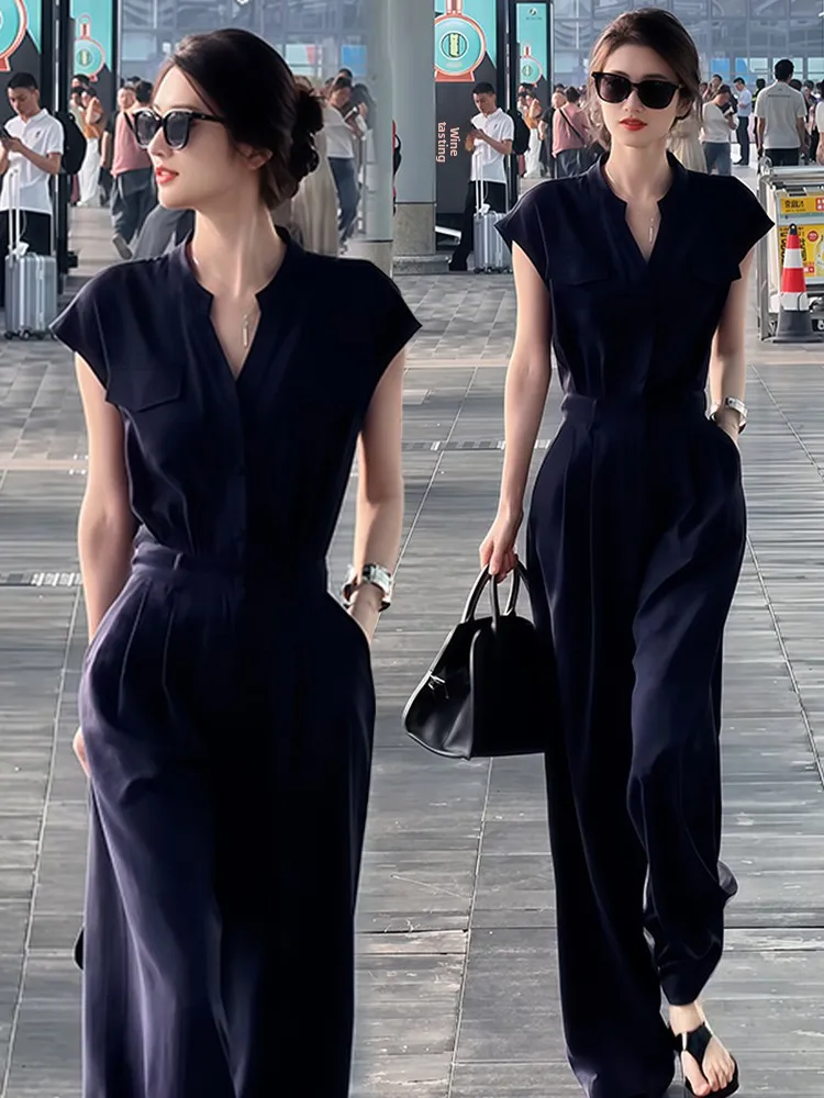 엘리 하이웨이스트 원피스 팬츠 여성용 패셔너블 여름 슈트 슬리밍 플러스 사이즈 트렌디 세트 출퇴근 스타일 리벳 장식...