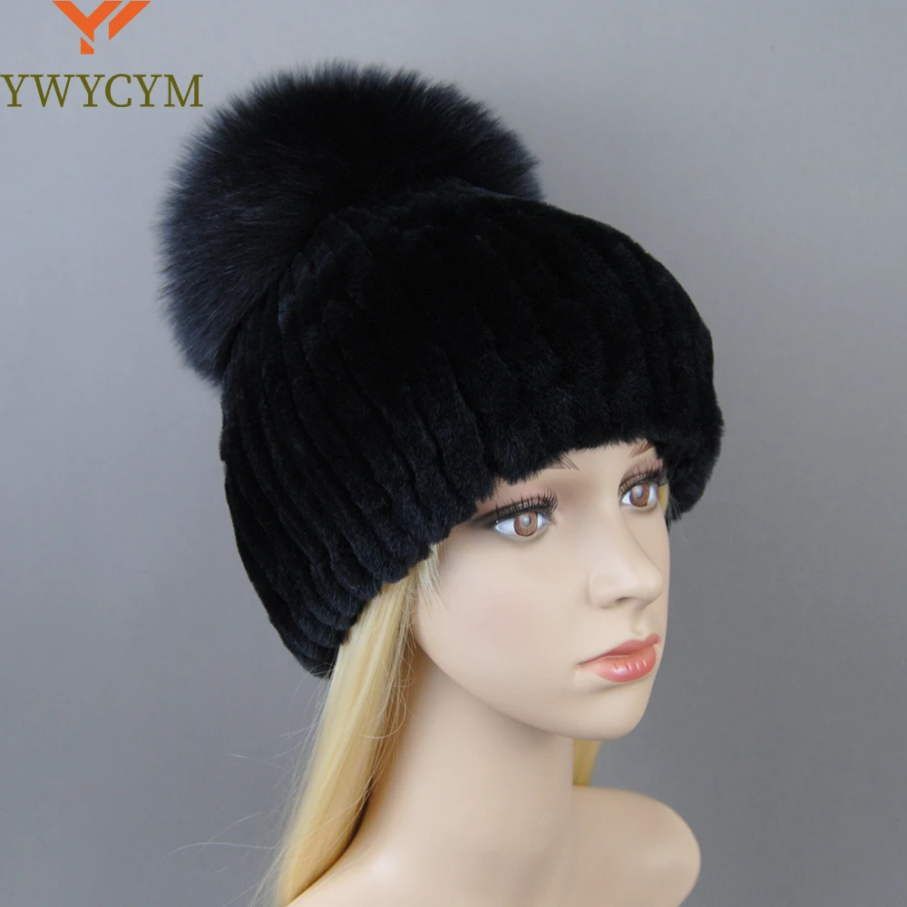 

Winter Lady Natural Rex Rabbit Fur Hat Women Warm Soft Genuine Rex Rabbit Fur Cap + Silver Fox Fur Ball Knitted Real Fur Caps