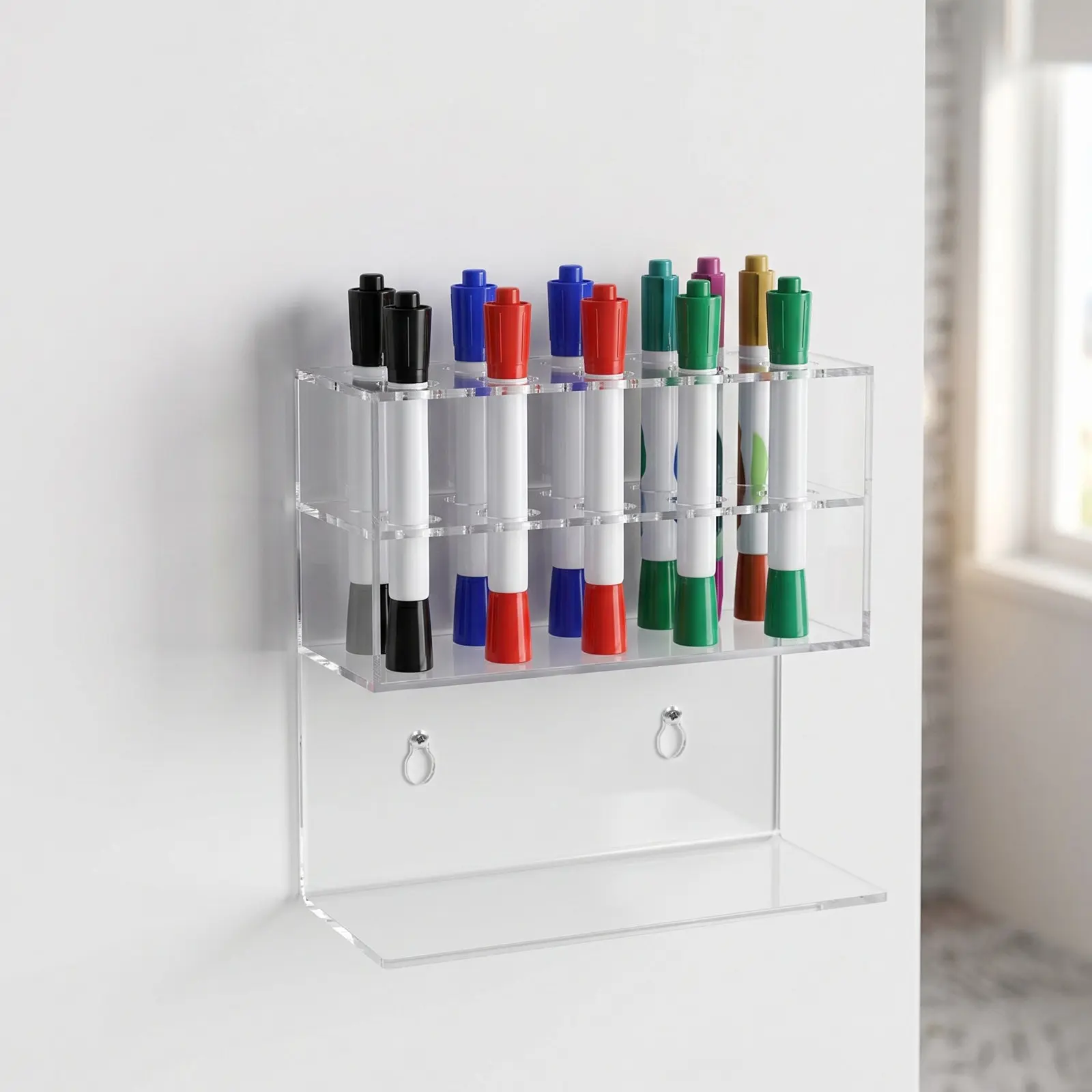 Clear Acrylic Double Layer Wall Mounted Pen Holder Pencil Cup 10 Slots Office Desk Organizer Art Supplies Storage Box