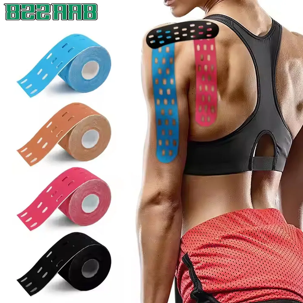 2Rolls Punch Hole Cotton Waterproof Therapeutic Kinesiology Tape for Support & Recovery, Sports, Pain Relief