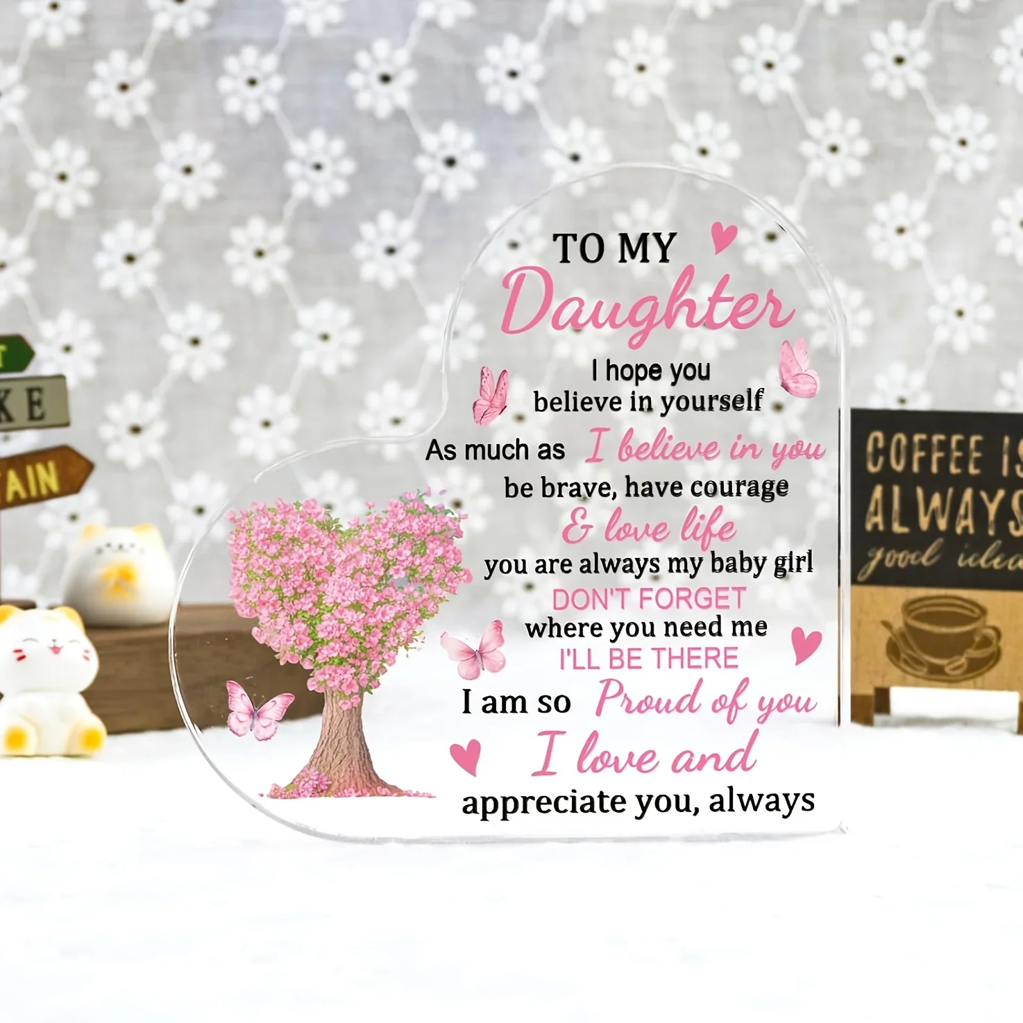 Pink Floral Heart Tree & Butterflies Acrylic Keepsake Plaque, Sentimental Daughter Table Ornament Heart‑Shaped Acrylic Gift for Daughter, Loving Inspirational Words Desktop Decoration